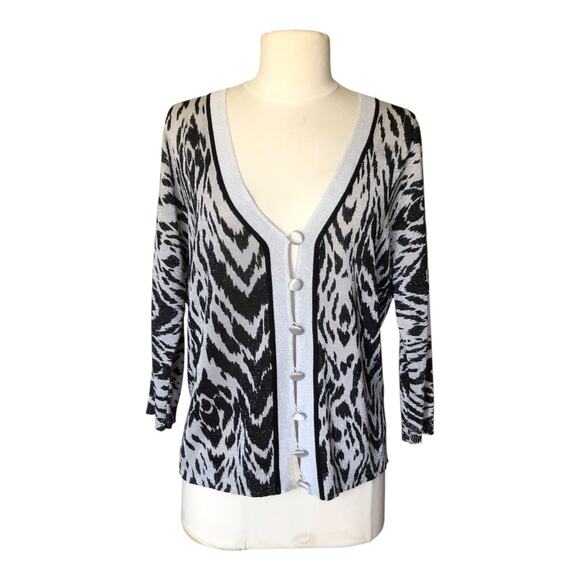 August Silk Cardigan Sweater Black Silver Long Sleeve Top Women's Petite Large - Picture 1 of 11